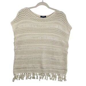 Chaps Denim 2X Open Knit Crochet Cotton Fringe Hem Coastal Boho Sweater Top